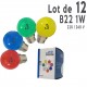 Lot de 12 ampoules LED B22 1W Rouges, Bleues, Vertes et Jaunes Incassables (équivalence 15W) pour Guirlande Extérieure
