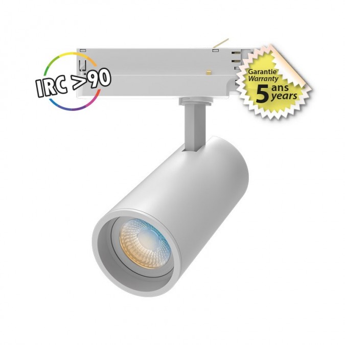 Spot LED FOCUS II sur rail - 25W CCT - Vue face blanc