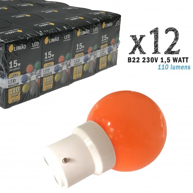 Lot de 12 ampoules LED B22 1.5W Orange Incassables (équivalence 15W) pour Guirlande Extérieure