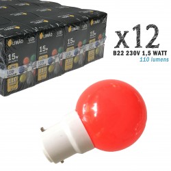 Lot de 12 ampoules LED B22 1,5W Rouges Incassables (équivalence 15W) pour Guirlande Extérieure