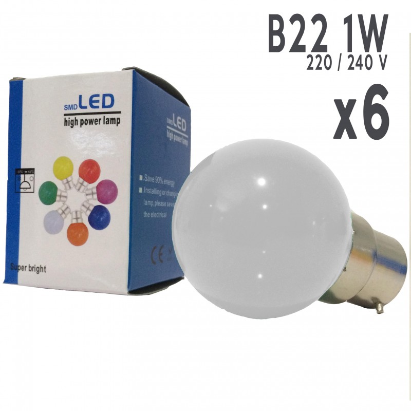 Lot de 6 ampoules LED B22 1W Blanc.
